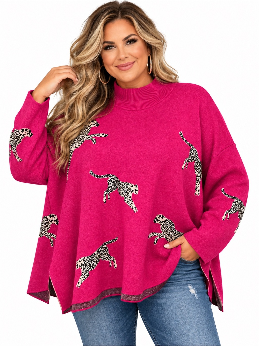 Entro Hot Pink Leopard Mock Neck Oversized Sweater L